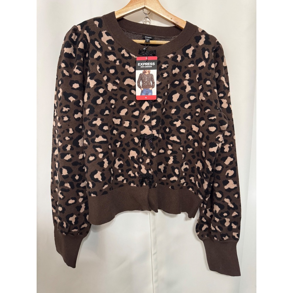 Express Womens Leopard Print Bow Cardigan Brown Animal Knit Sweater XL New